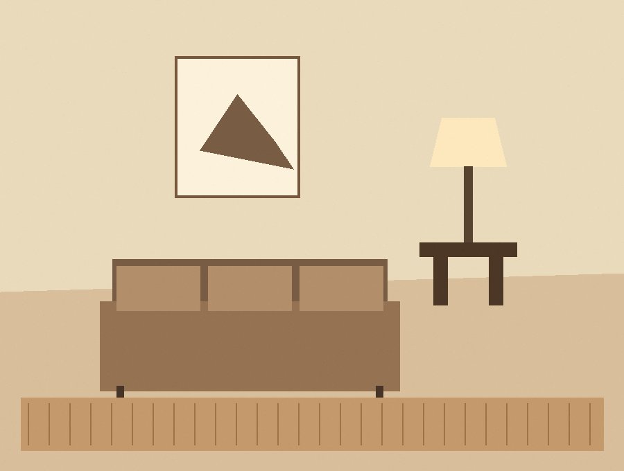 Wayfair-style living room showing a patterned rug, a low sofa bed and an accent lamp on a side table.