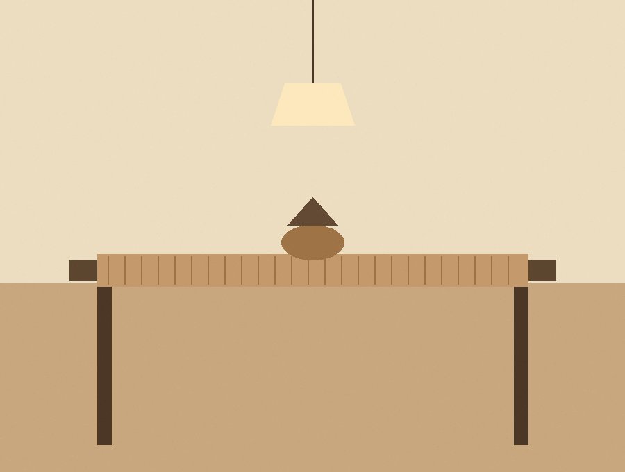 Composition of a wooden kitchen table with a styled textile runner and a lamp at golden-hour light.
