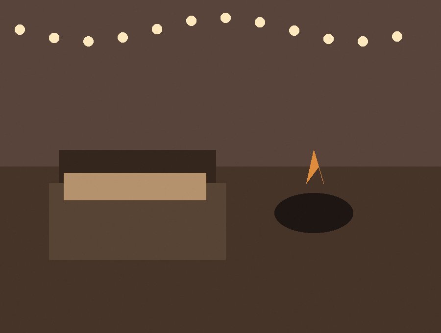 Outdoor patio scene with cushioned seating and ambient string lighting at dusk.